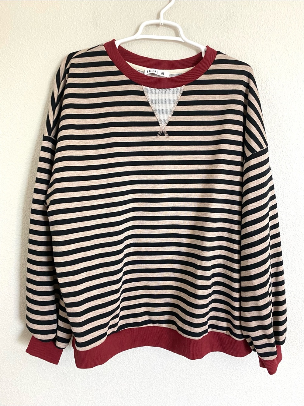 Striped Crewneck Sweatshirt with Red Trim